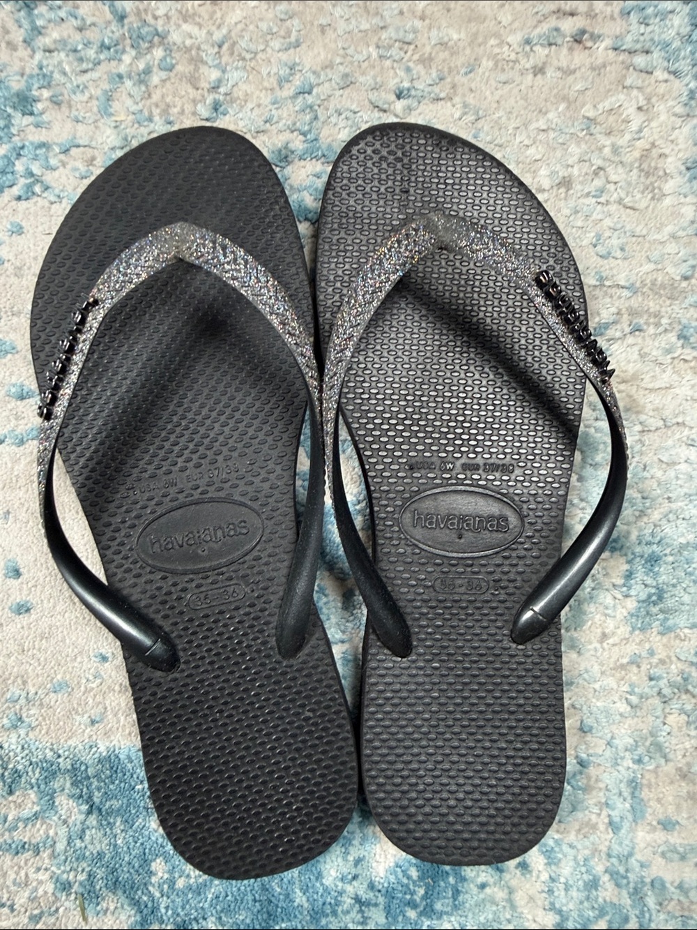 Havaianas Women's Black Flip Flops with Silver Glitter Straps